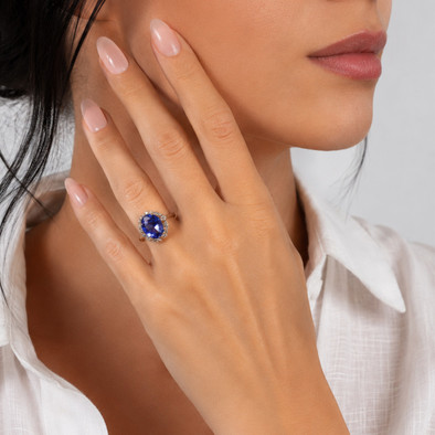 Inel Aur Roz 14k, Tanzanit 4.00 Ct , Diamante Naturale Champagne 0.30 Ct VS