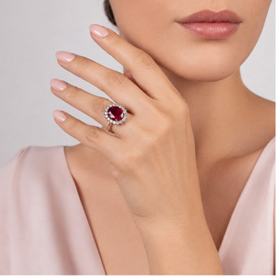 Inel Aur Alb 18k, Rubin Incalzit 4.00 Ct, Diamante Naturale 1.34 Ct FG/VS