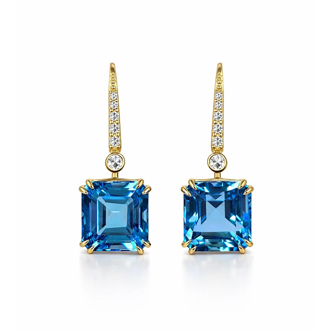 Cercei Aur Galben 14K, Swiss Topaz 10.60 Ct, Diamante Naturale 0.24 Ct FG/VS