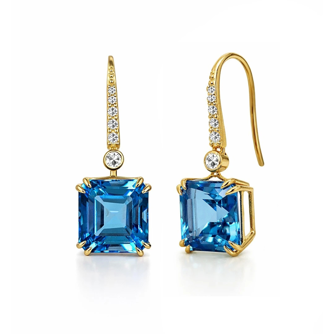 Cercei Aur Galben 14K, Swiss Topaz 10.60 Ct, Diamante Naturale 0.24 Ct FG/VS