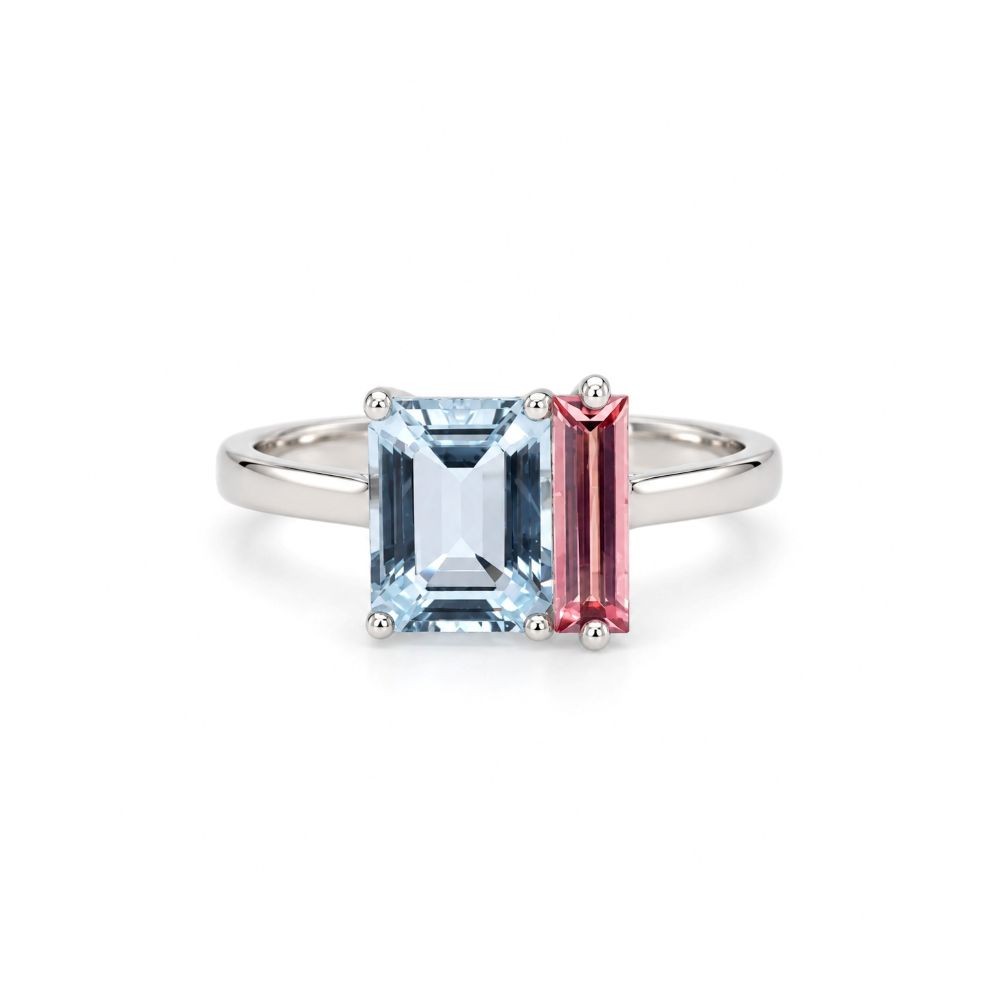 Inel Aur Alb 18k, Aquamarin 1.30 Ct , Turmalina Roz 0.48 Ct