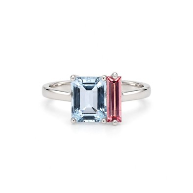 Inel Aur Alb 18k, Aquamarin 1.30 Ct , Turmalina Roz 0.48 Ct