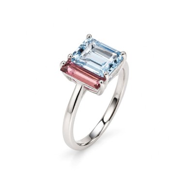 Inel Aur Alb 18k, Aquamarin 1.30 Ct , Turmalina Roz 0.48 Ct
