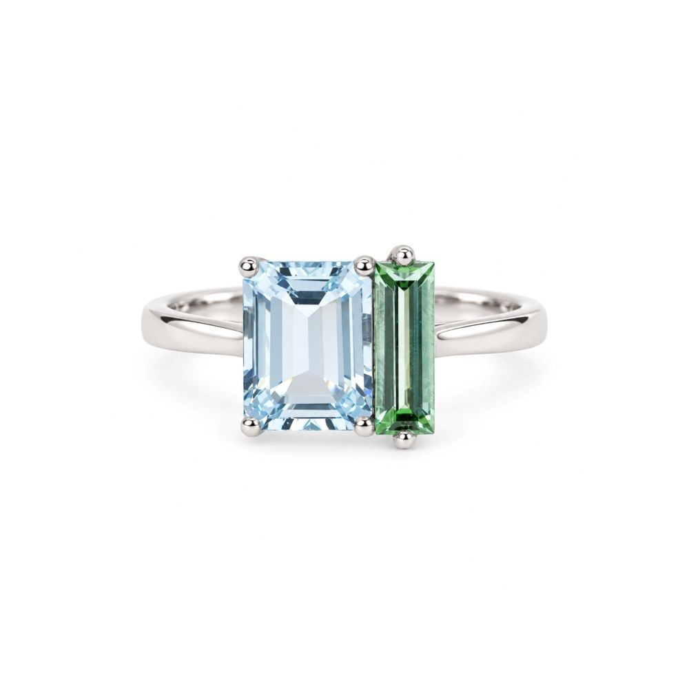 Inel Aur Alb 18k, Aquamarin 1.30 Ct , Turmalina Verde 0.48 Ct