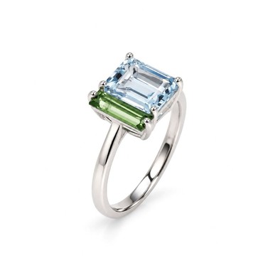 Inel Aur Alb 18k, Aquamarin 1.30 Ct , Turmalina Verde 0.48 Ct