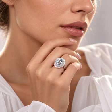Inel Aur Alb 14k, Aquamarin 3.02 Ct , Diamante Naturale 0.80 Ct EF/VS