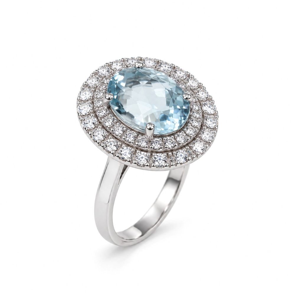 Inel Aur Alb 14k, Aquamarin 3.02 Ct , Diamante Naturale 0.80 Ct EF/VS