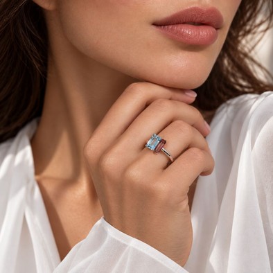 Inel Aur Alb 18k, Aquamarin 1.30 Ct , Turmalina Roz 0.48 Ct