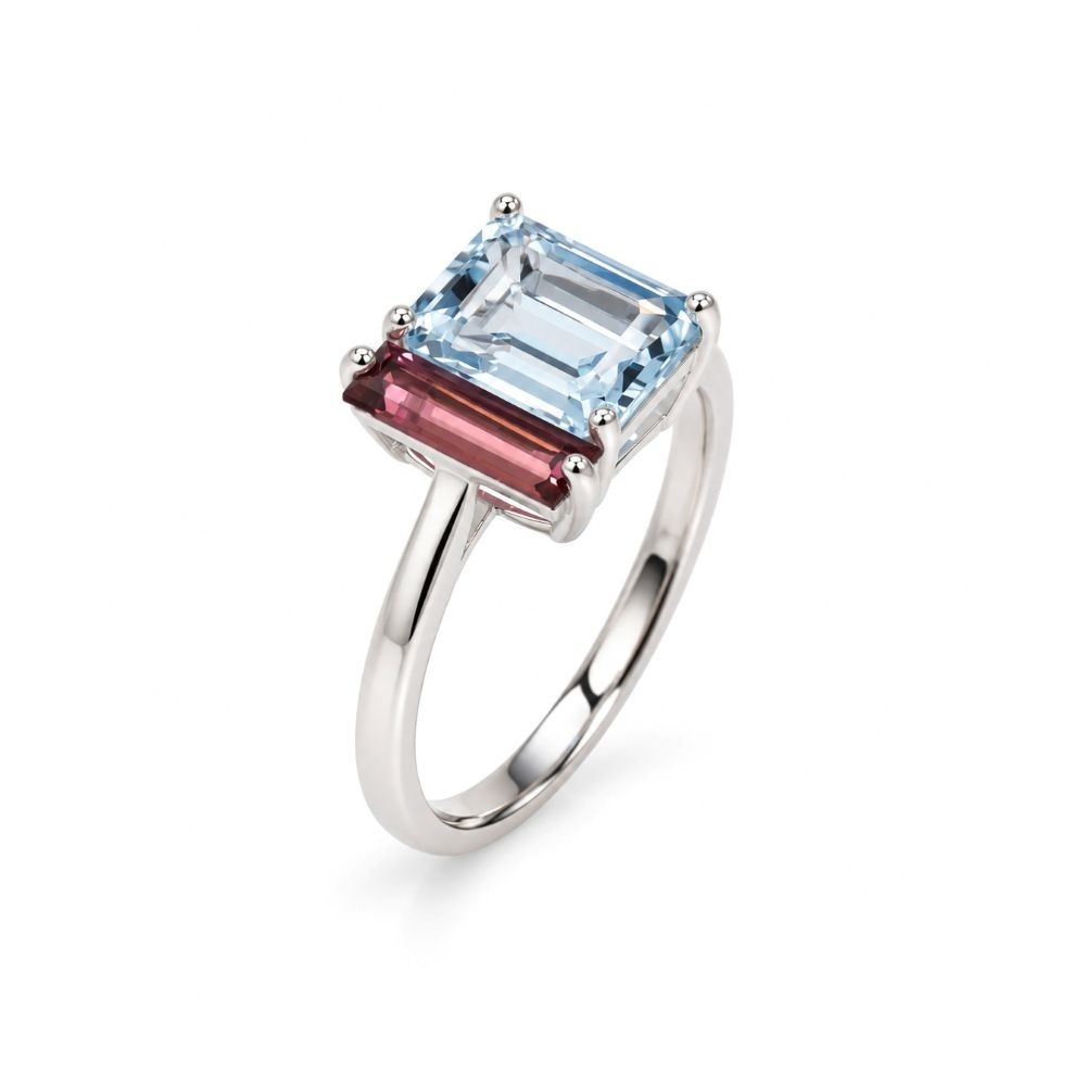 Inel Aur Alb 18k, Aquamarin 1.30 Ct , Turmalina Roz 0.48 Ct