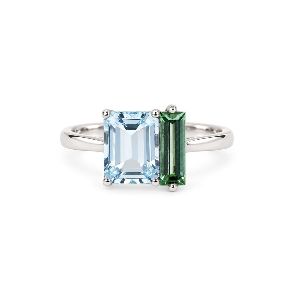Inel Aur Alb 18k, Aquamarin 1.30 Ct , Turmalina Verde 0.48 Ct