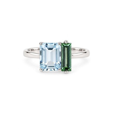 Inel Aur Alb 18k, Aquamarin 1.30 Ct , Turmalina Verde 0.48 Ct