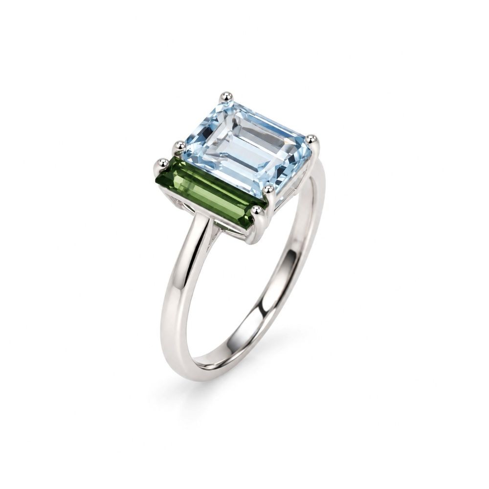 Inel Aur Alb 18k, Aquamarin 1.30 Ct , Turmalina Verde 0.48 Ct