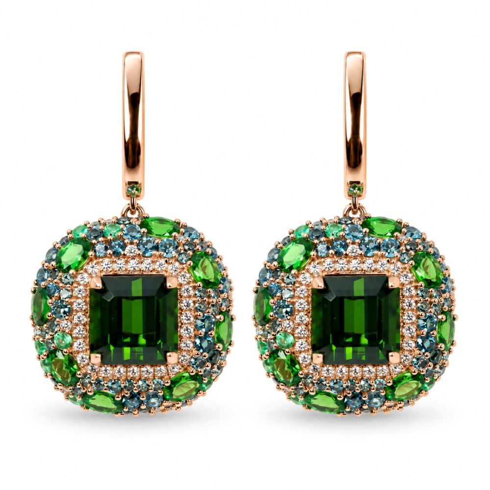 Cercei Aur Galben 18K, Turmalina 8.96 Ct , Tsavorite 3.35 Ct , London Topaz 2.50 Ct , Diamante Naturale 0.62 Ct EF/VS