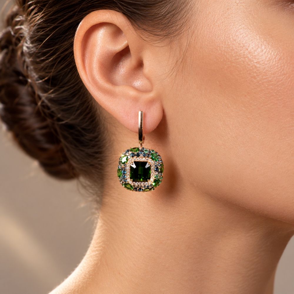 Cercei Aur Galben 18K, Turmalina 8.96 Ct , Tsavorite 3.35 Ct , London Topaz 2.50 Ct , Diamante Naturale 0.62 Ct EF/VS