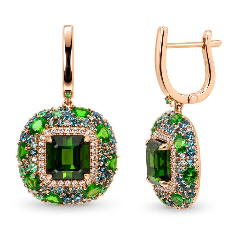 Cercei Aur Galben 18K, Turmalina 8.96 Ct , Tsavorite 3.35 Ct , London Topaz 2.50 Ct , Diamante Naturale 0.62 Ct EF/VS