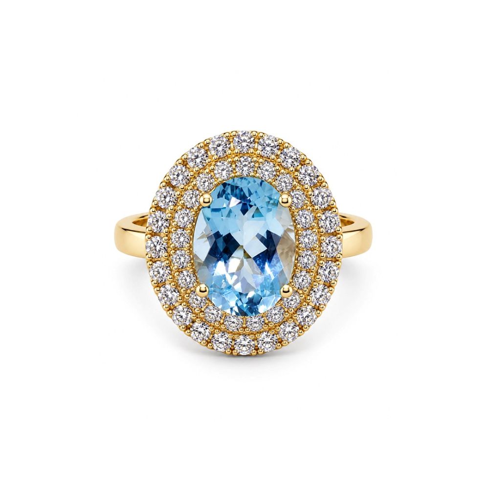 Inel Aur Galben 14k, Aquamarin 2.65 Ct , Diamante Naturale 0.80 Ct FG/VS-SI