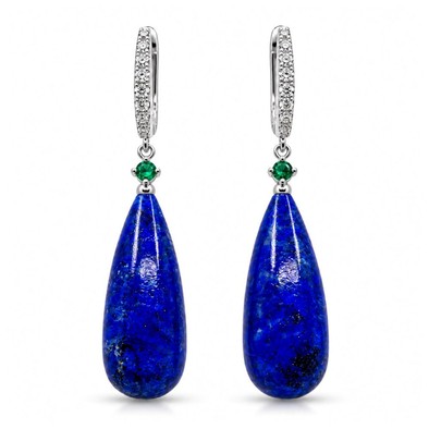 Cercei Aur Alb 18k, Lapis Lazuli 31.96 Ct , Smaralde 0.10 Ct , Diamante Naturale 0.27 Ct FG/VS-SI