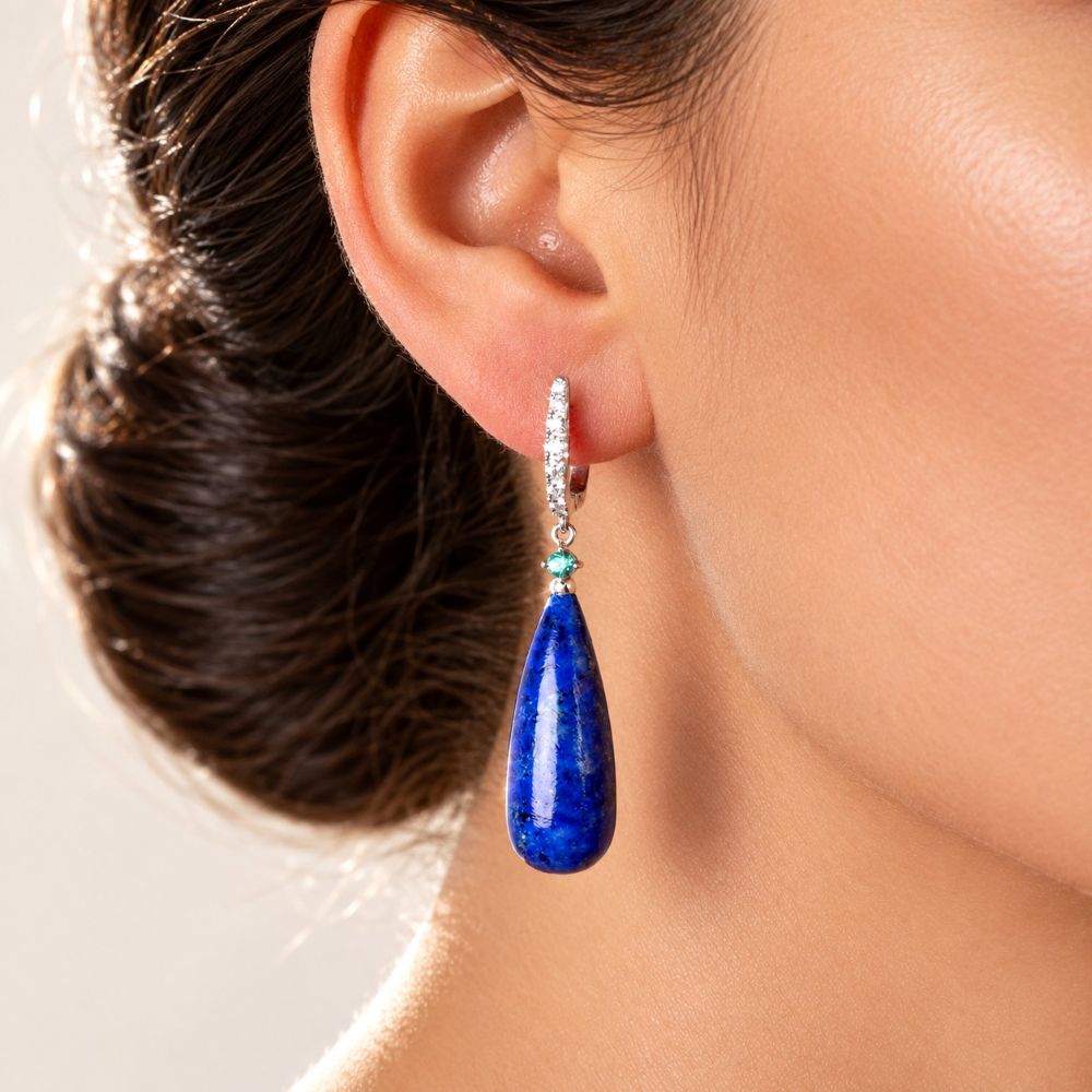 Cercei Aur Alb 18k, Lapis Lazuli 31.96 Ct , Smaralde 0.10 Ct , Diamante Naturale 0.27 Ct FG/VS-SI