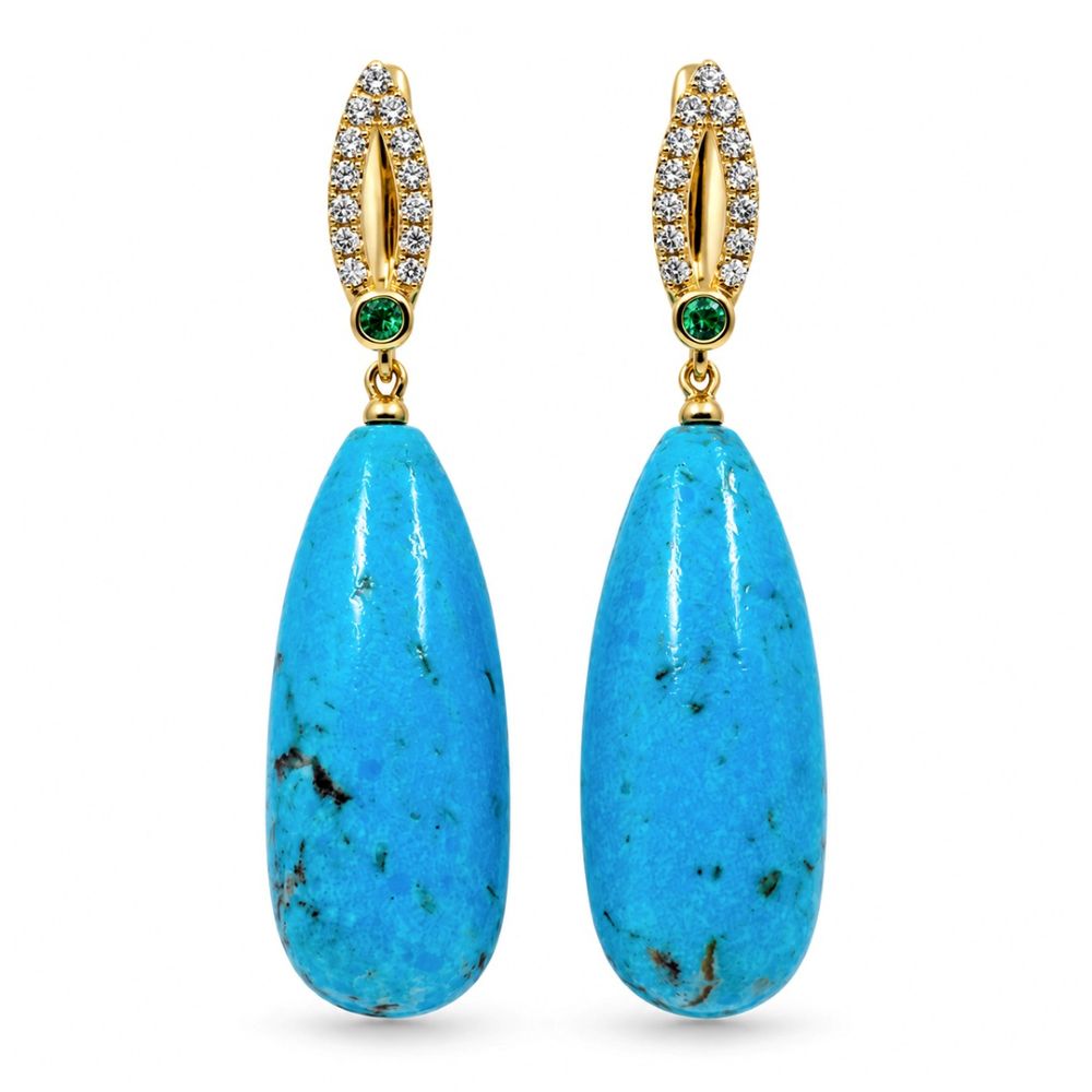 Cercei Aur Galben 18K, Turquoise 68.90 Ct , Diamante Naturale 0.46 Ct FG/VS-SI , Smaralde 0.10 Ct