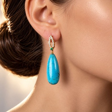 Cercei Aur Galben 18K, Turquoise 68.90 Ct , Diamante Naturale 0.46 Ct FG/VS-SI , Smaralde 0.10 Ct