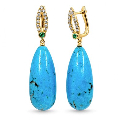 Cercei Aur Galben 18K, Turquoise 68.90 Ct , Diamante Naturale 0.46 Ct FG/VS-SI , Smaralde 0.10 Ct