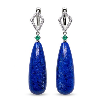 Cercei Aur Alb 18k, Lapis Lazuli 50.10 Ct , Smaralde 0.10 Ct , Diamante Naturale 0.30 Ct FG/VS-SI