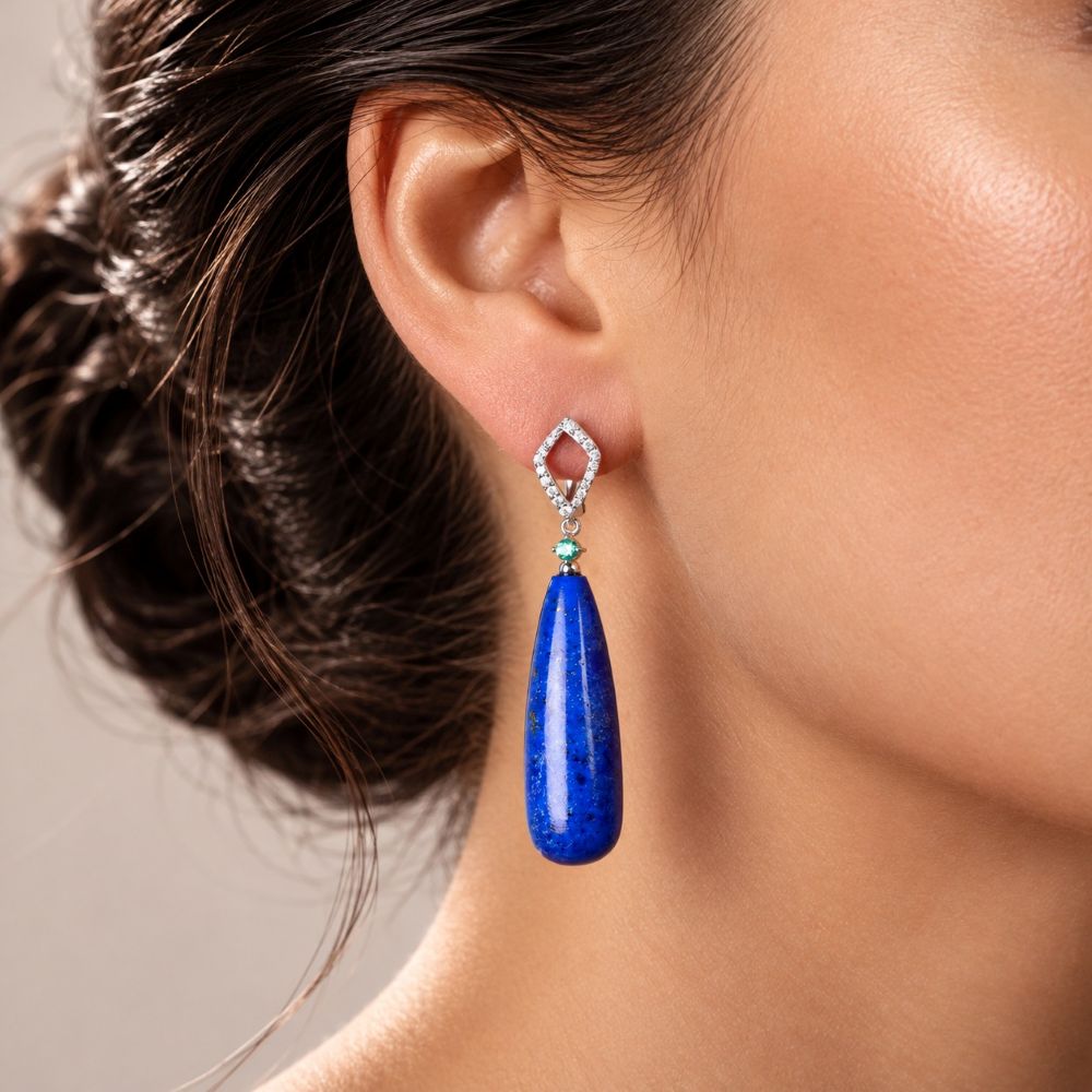 Cercei Aur Alb 18k, Lapis Lazuli 50.10 Ct , Smaralde 0.10 Ct , Diamante Naturale 0.30 Ct FG/VS-SI