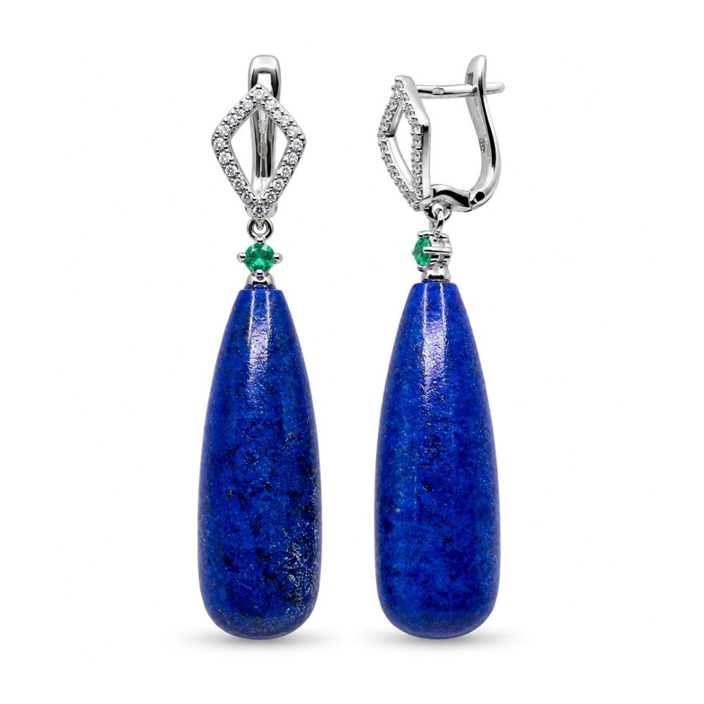Cercei Aur Alb 18k, Lapis Lazuli 50.10 Ct , Smaralde 0.10 Ct , Diamante Naturale 0.30 Ct FG/VS-SI