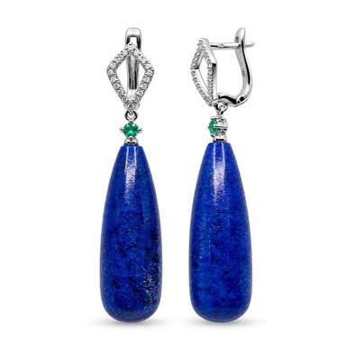 Cercei Aur Alb 18k, Lapis Lazuli 50.10 Ct , Smaralde 0.10 Ct , Diamante Naturale 0.30 Ct FG/VS-SI