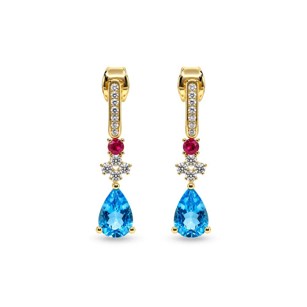 Cercei Aur Galben 14K, Swiss Topaz 2.51 Ct , Rubine 0.22 Ct , Diamante Naturale 0.42 Ct FG/VS-SI