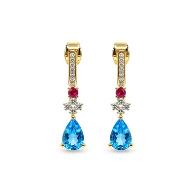 Cercei Aur Galben 14K, Swiss Topaz 2.51 Ct , Rubine 0.22 Ct , Diamante Naturale 0.42 Ct FG/VS-SI