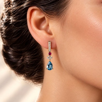 Cercei Aur Galben 14K, Swiss Topaz 2.51 Ct , Rubine 0.22 Ct , Diamante Naturale 0.42 Ct FG/VS-SI