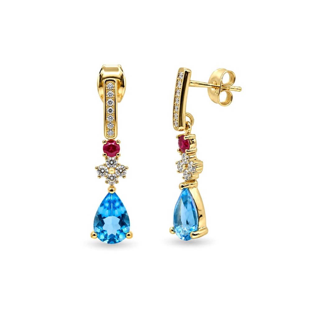 Cercei Aur Galben 14K, Swiss Topaz 2.51 Ct , Rubine 0.22 Ct , Diamante Naturale 0.42 Ct FG/VS-SI