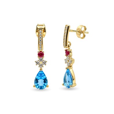 Cercei Aur Galben 14K, Swiss Topaz 2.51 Ct , Rubine 0.22 Ct , Diamante Naturale 0.42 Ct FG/VS-SI