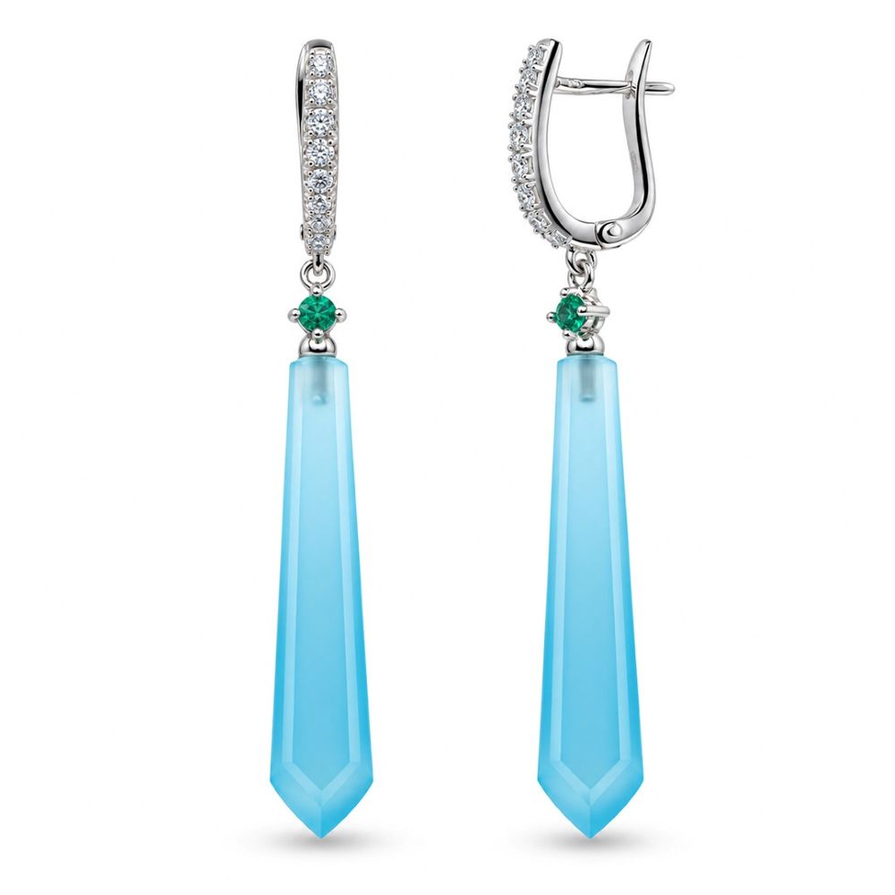 Cercei Aur Alb 18k, Calcedonie 15.78 Ct , Diamante Naturale 0.28 Ct , FG/VS-SI , Smaralde 0.10 Ct