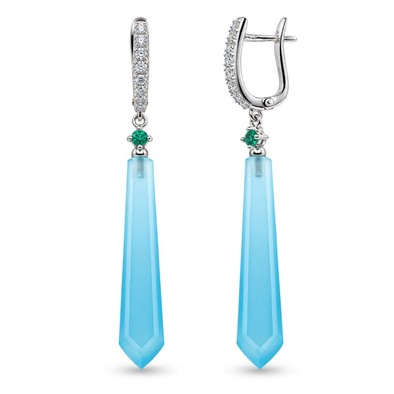 Cercei Aur Alb 18k, Calcedonie 15.78 Ct , Diamante Naturale 0.28 Ct , FG/VS-SI , Smaralde 0.10 Ct