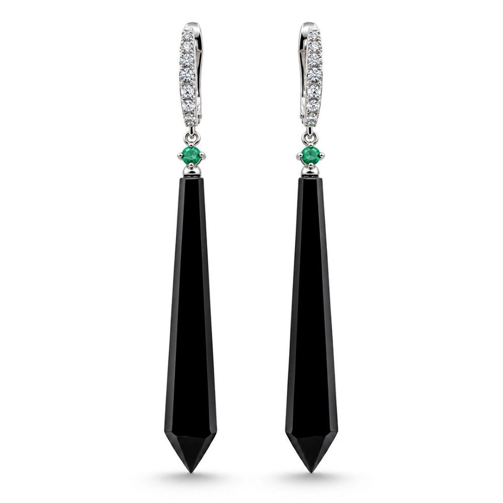 Cercei Aur Alb 18k, Onix 19.14 Ct , Diamante Naturale 0.28 Ct , FG/VS-SI , Smaralde 0.10 Ct