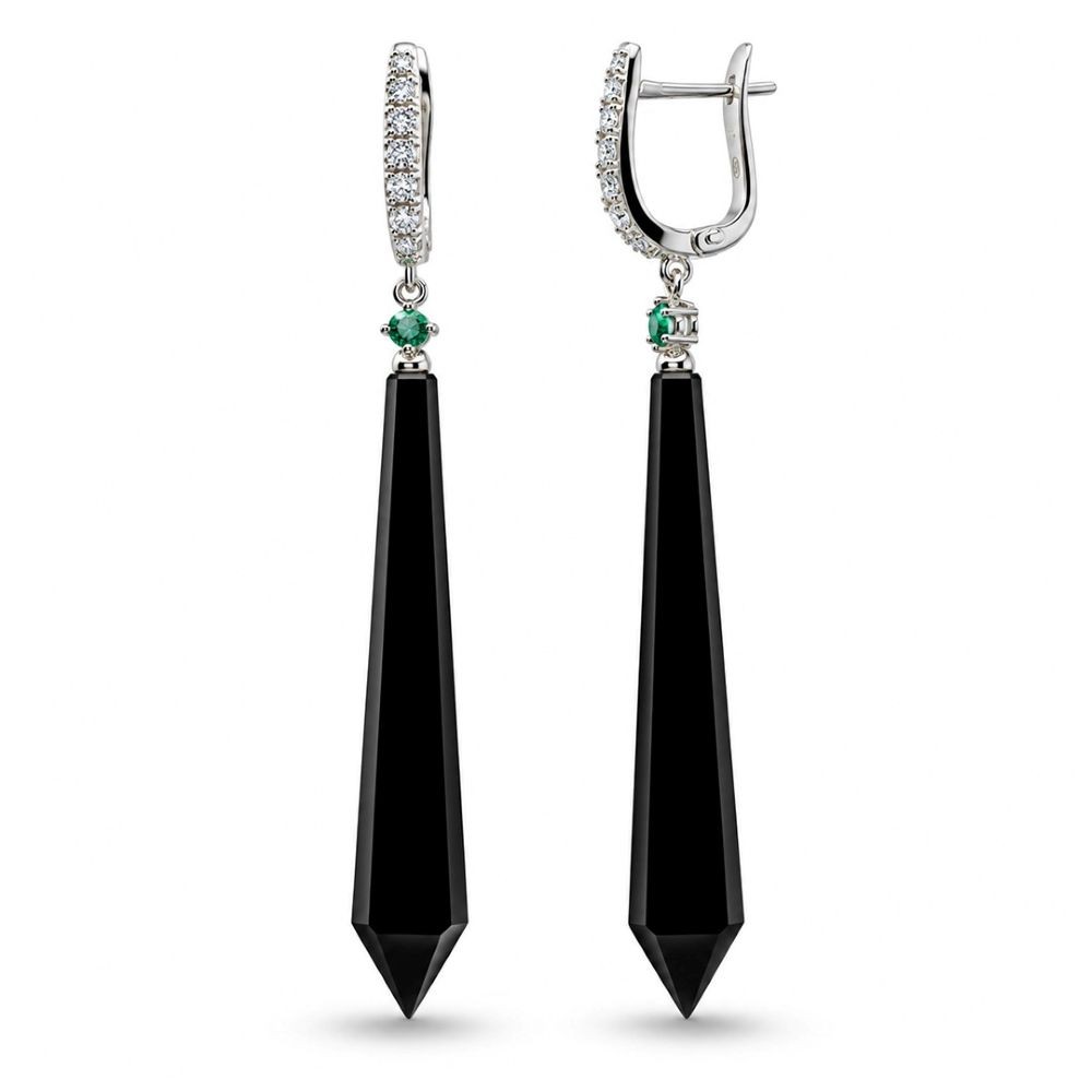 Cercei Aur Alb 18k, Onix 19.14 Ct , Diamante Naturale 0.28 Ct , FG/VS-SI , Smaralde 0.10 Ct