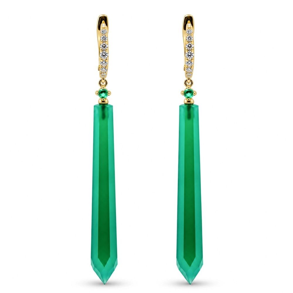 Cercei Aur Galben 18k, Agat Verde 24.10 Ct , Diamante Naturale 0.28 Ct , FG/VS-SI , Smaralde 0.10 Ct
