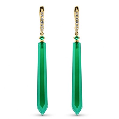 Cercei Aur Galben 18k, Agat Verde 24.10 Ct , Diamante Naturale 0.28 Ct , FG/VS-SI , Smaralde 0.10 Ct