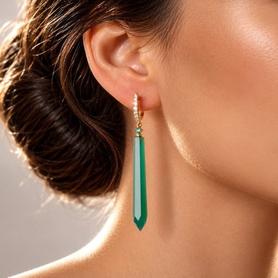 Cercei Aur Galben 18k, Agat Verde 24.10 Ct , Diamante Naturale 0.28 Ct , FG/VS-SI , Smaralde 0.10 Ct