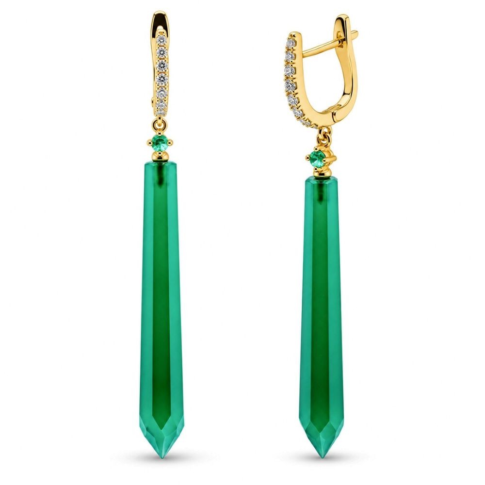 Cercei Aur Galben 18k, Agat Verde 24.10 Ct , Diamante Naturale 0.28 Ct , FG/VS-SI , Smaralde 0.10 Ct