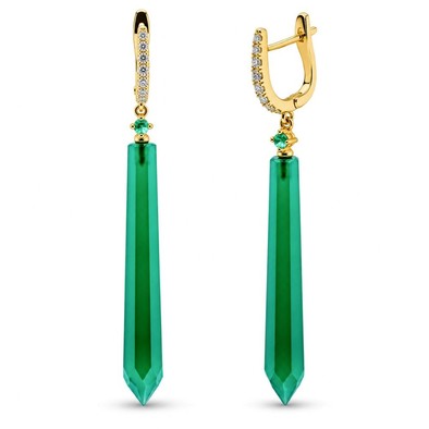 Cercei Aur Galben 18k, Agat Verde 24.10 Ct , Diamante Naturale 0.28 Ct , FG/VS-SI , Smaralde 0.10 Ct