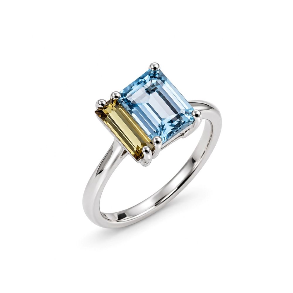 Inel Aur Alb 18k, Aquamarin 1.30 Ct , Turmalina Galbena 0.48 Ct