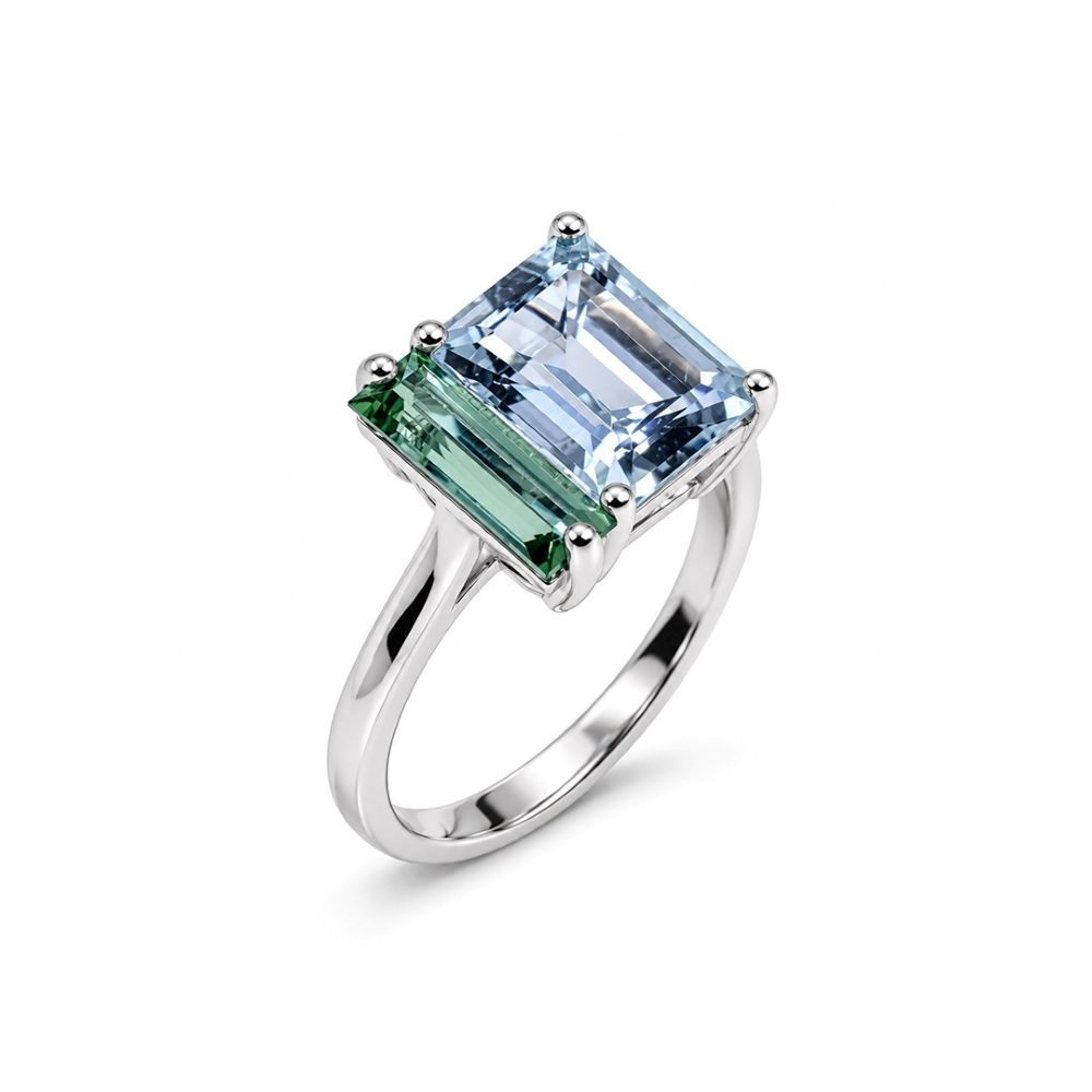 Inel Aur Alb 18k, Aquamarin 1.30 Ct , Turmalina Verde 0.48 Ct