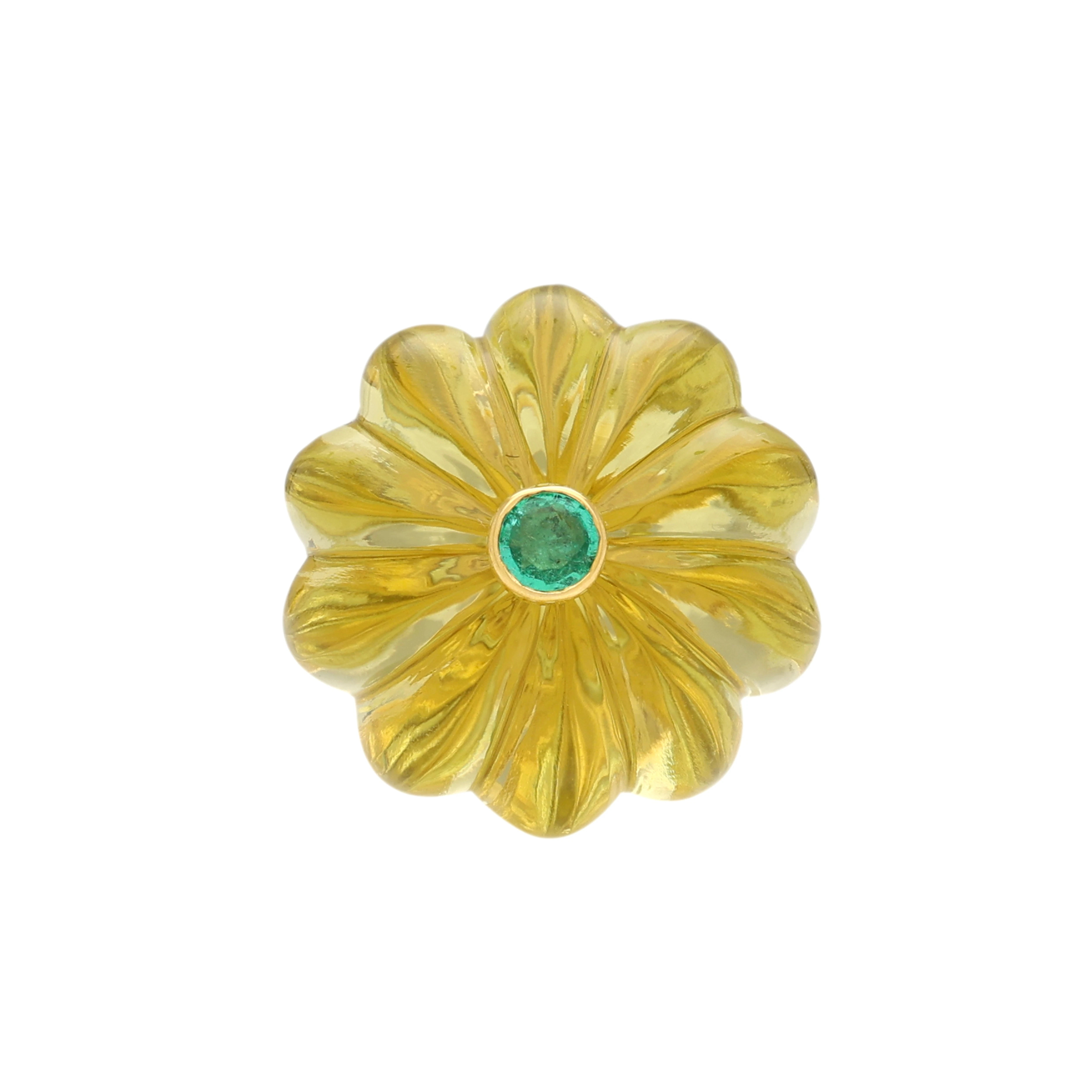 Inel Aur Galben 14k, Lemon Cuart 31.18 ct, Smarald 0.16 ct