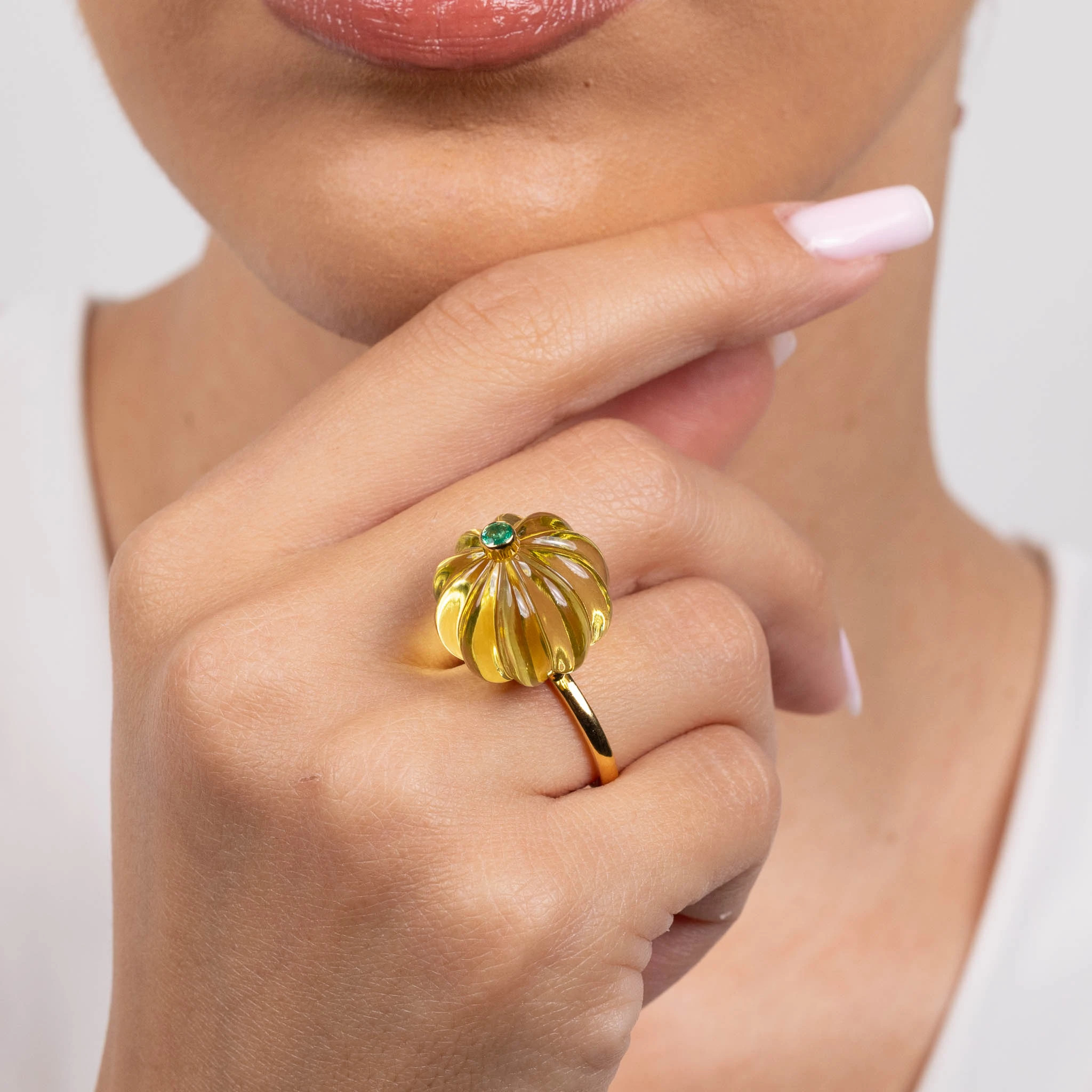 Inel Aur Galben 14k, Lemon Cuart 31.18 ct, Smarald 0.16 ct