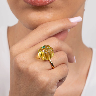 Inel Aur Galben 14k, Lemon Cuart 31.18 ct, Smarald 0.16 ct