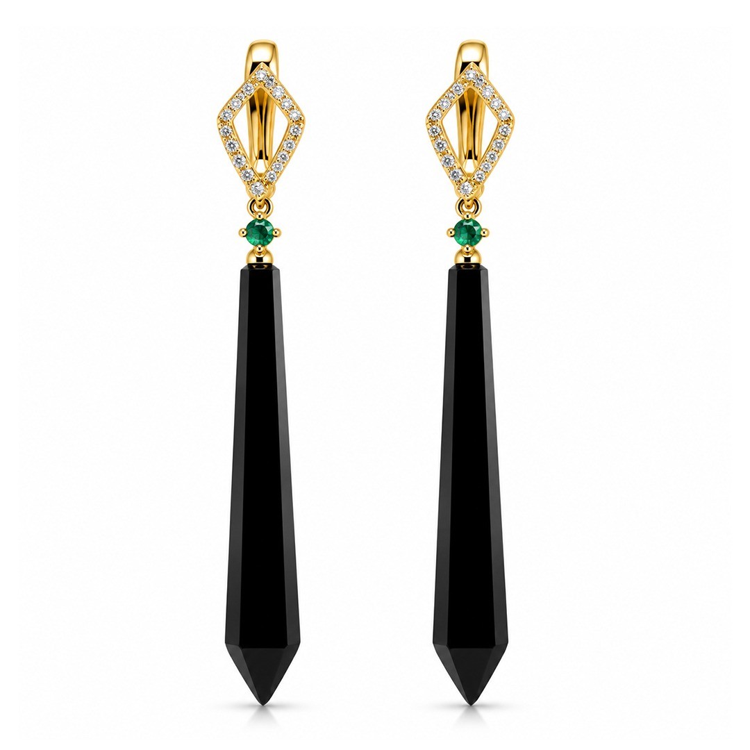 Cercei Aur Galben 18k, Onix 21.30 Ct , Diamante Naturale 0.30 Ct , Smaralde 0.10 Ct