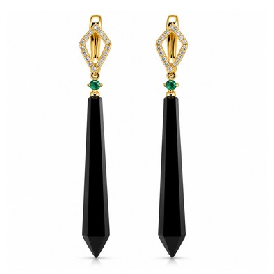 Cercei Aur Galben 18k, Onix 21.30 Ct , Diamante Naturale 0.30 Ct , Smaralde 0.10 Ct